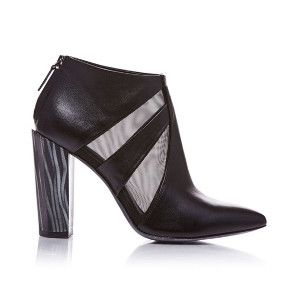 H WILLIAMS // Crosby Black Leather Mesh Zebra Wood Tall Heel Bootie Sz6 EUR 36.5